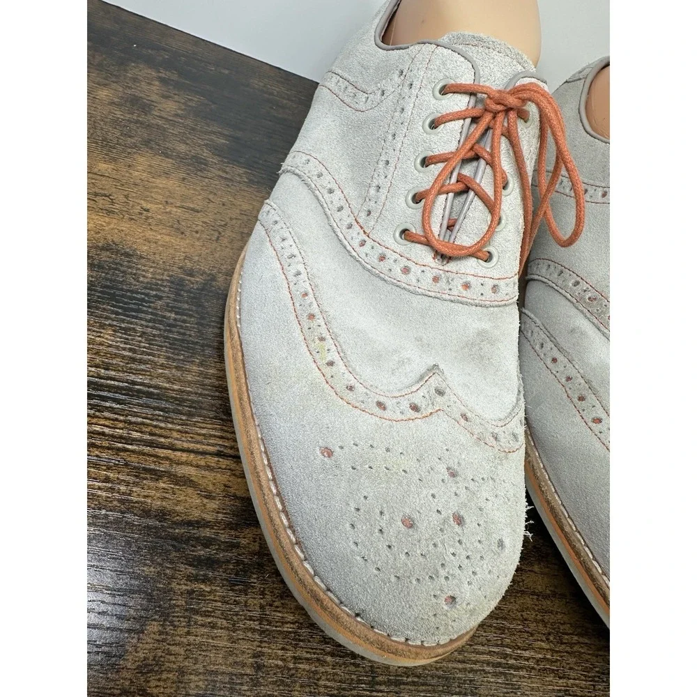 Johnston & Murphy Mens 10M Suede Wingtip Oxford Shoes Gray Sheepskin Lace Up